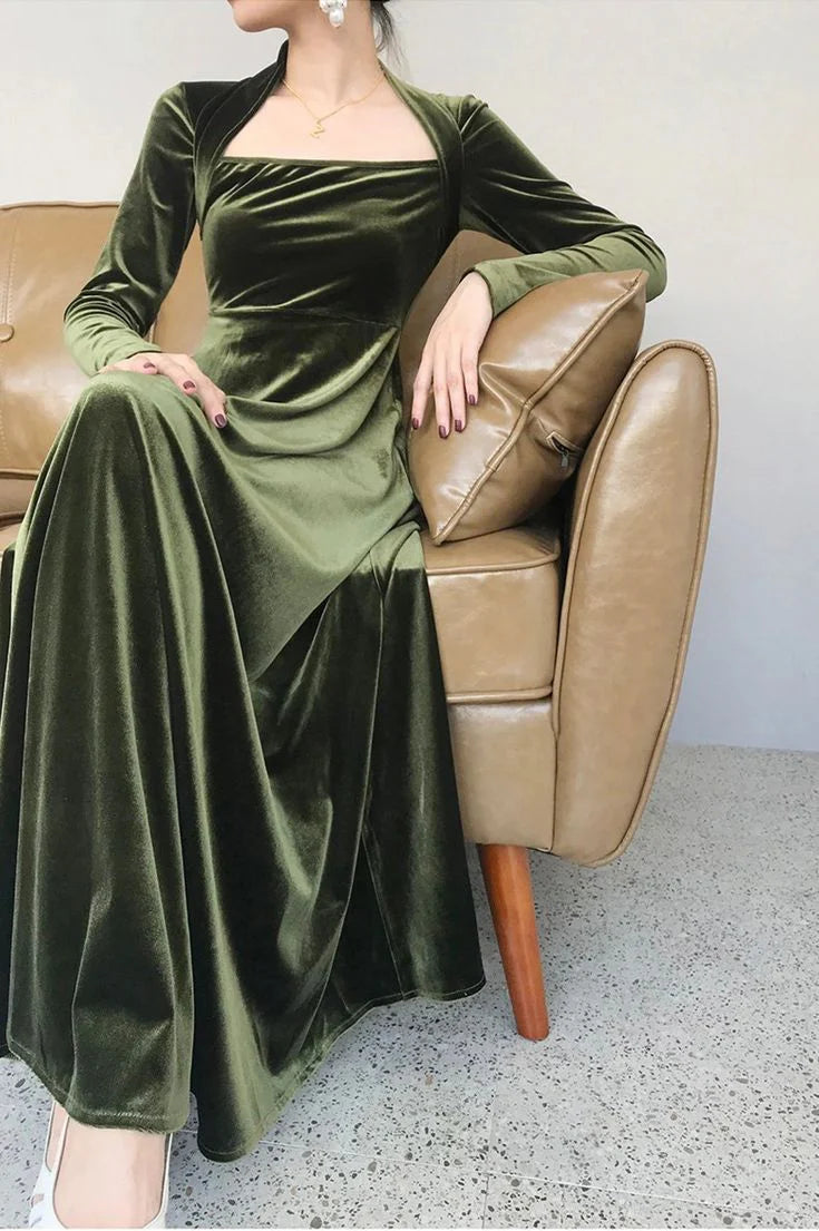 Weitese Formal Women's Dresses Long Sleeves Green Velvet Prom Dress A Line Evening Party Dress Prom Dresses Stores